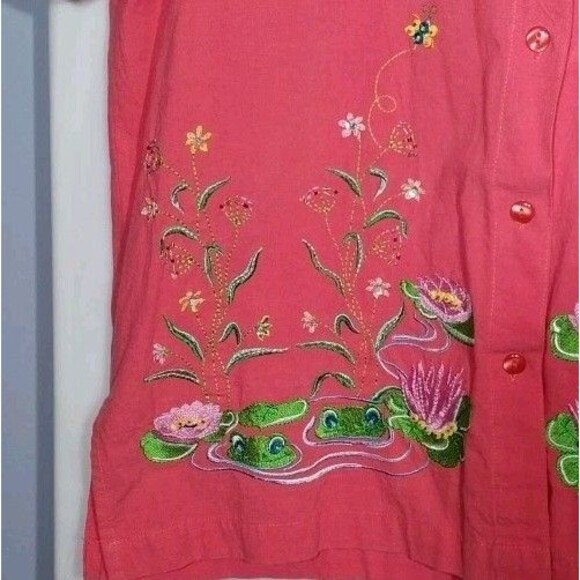 VTG Button Up Top XL Pink Embroidered Beaded Frogs Grandmacore Cottagecore Boho - Picture 4 of 11